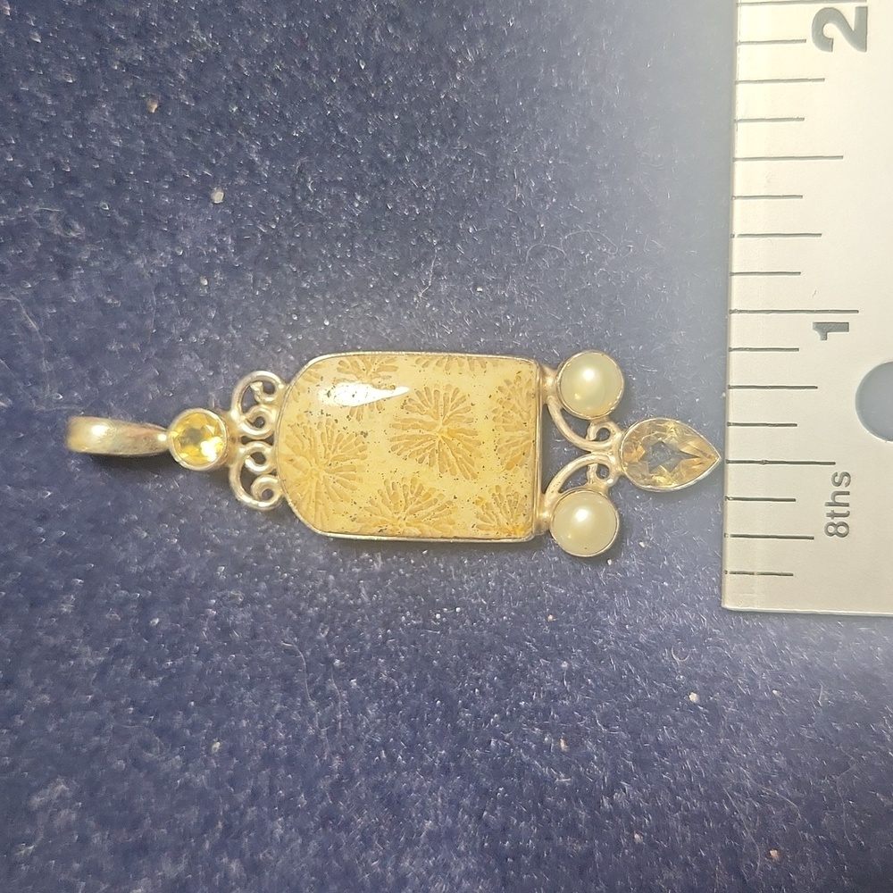 coral fossil stone pendant sterling silver